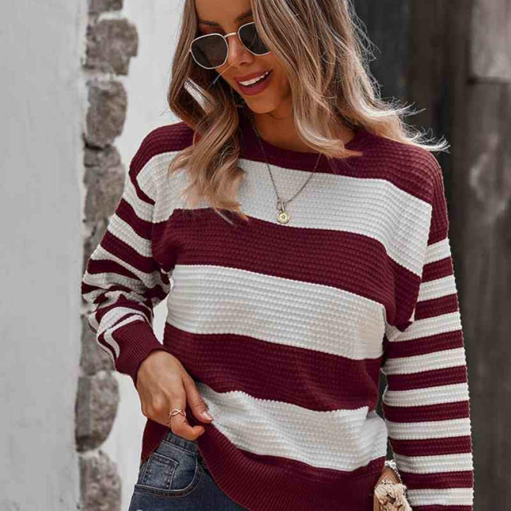 Striped Round Neck Thermal Sweater